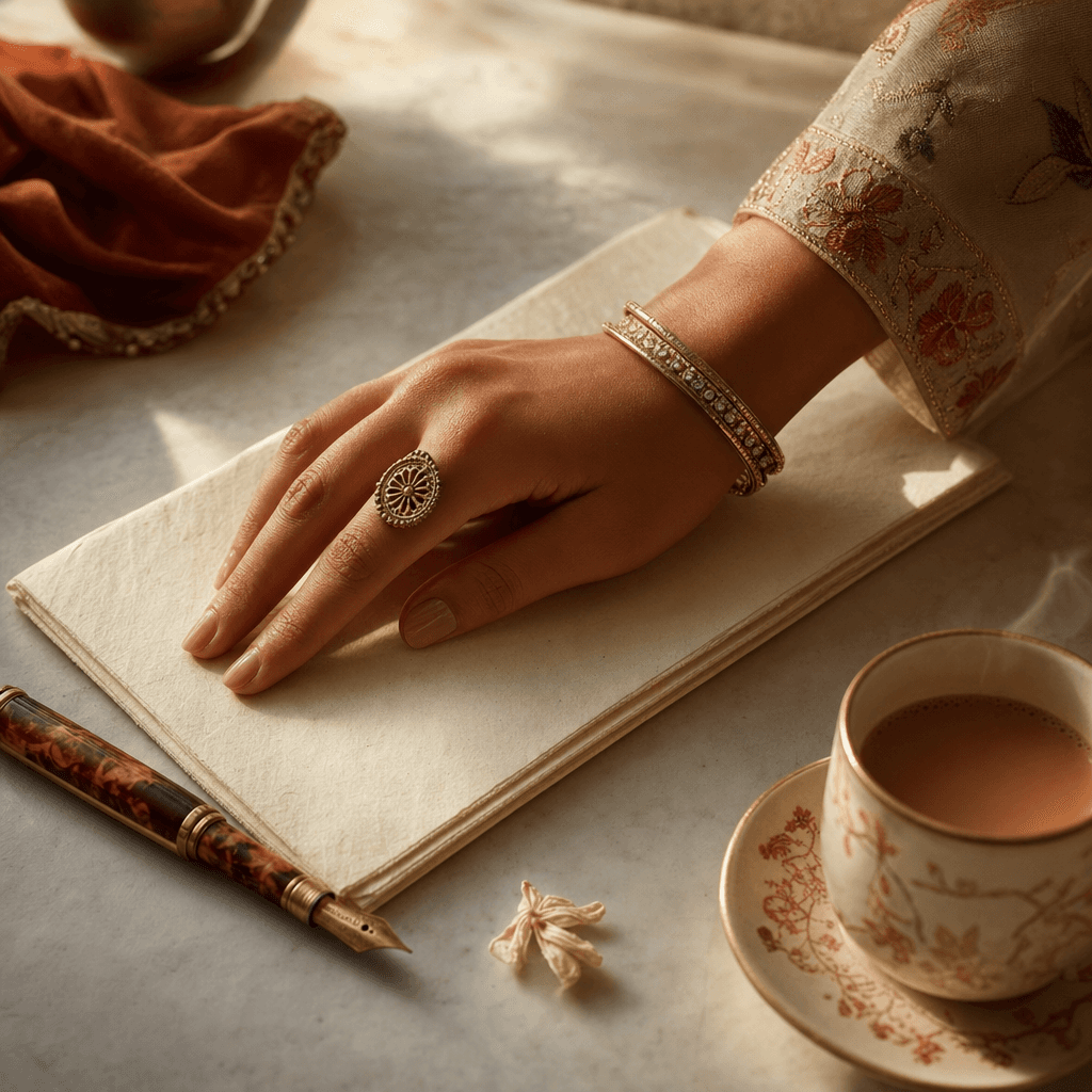 An Indian woman's hand resting on a folded cream linen letter, a brass-nib fountain pen alongside