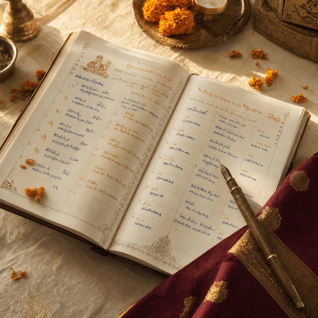 An open Indian wedding-season almanac with festive dates marked in ink, brass fountain pen alongside